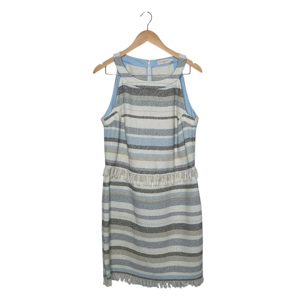 Tory Burch Jane Sheath Dress Fringe Stripe Boucle Knit Cotton Mini Dress Size 14